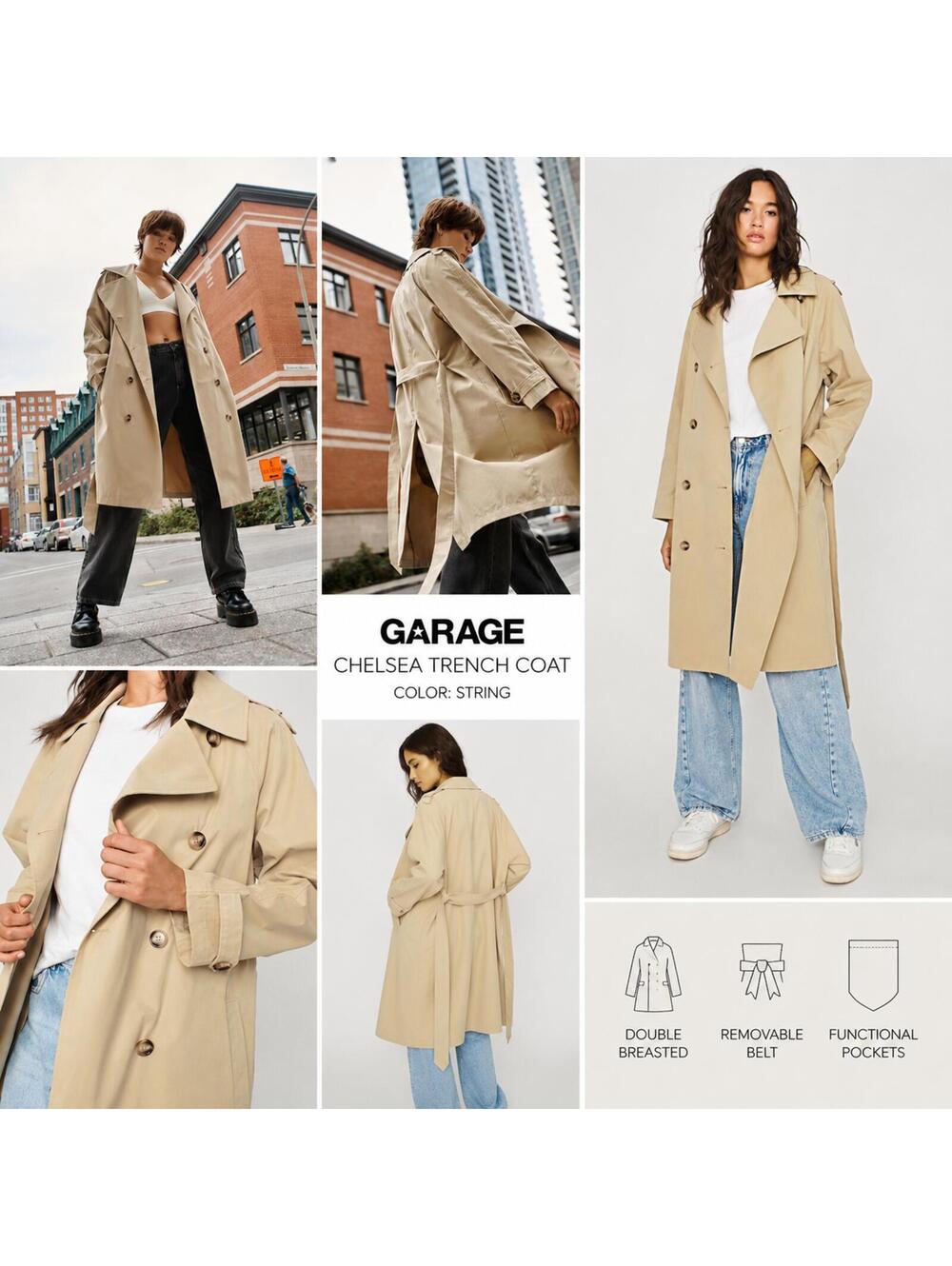 Garage Chelsea Trench Coat String Beige Double Breasted Belted Midi Jacket M